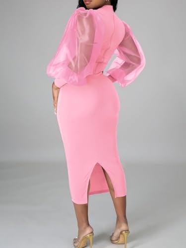 Ekaliy Women's See Through Bodycon Dress Long Puff Lantern Sleeve Sheer Mesh Dress Sexy Club Party Midi Dress Clubwear Pink L - Image 4