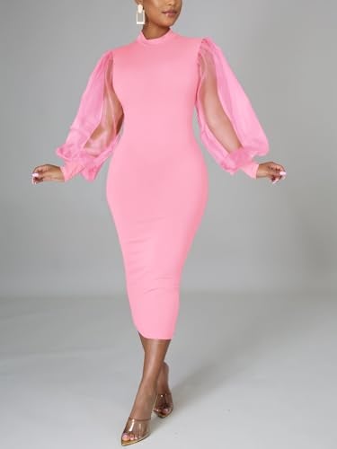 Ekaliy Women's See Through Bodycon Dress Long Puff Lantern Sleeve Sheer Mesh Dress Sexy Club Party Midi Dress Clubwear Pink L - Image 2