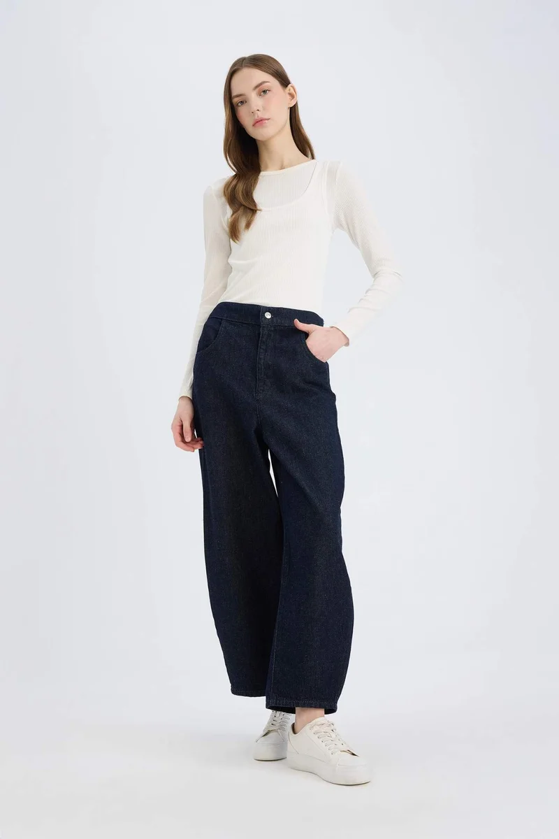 DeFacto Barrel Fit Elastic Waist Soft Ankle Length Jeans