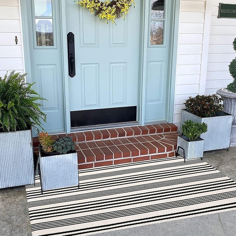 BUAGETUP Black and White Striped Outdoor Rug 24'' x 51''Farmhouse Front Porch Mat Hand-Woven Machine Washable Layered Door Mats for Entryway/Bedroom - Image 5