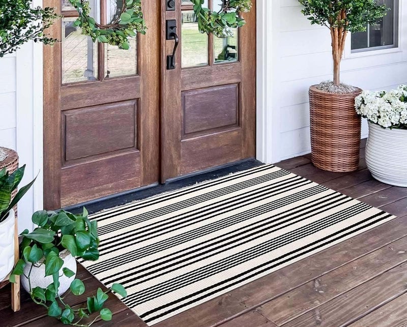 BUAGETUP Black and White Striped Outdoor Rug 24'' x 51''Farmhouse Front Porch Mat Hand-Woven Machine Washable Layered Door Mats for Entryway/Bedroom - Image 1