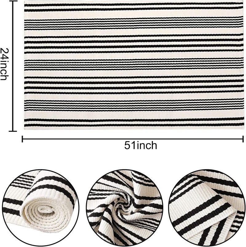 BUAGETUP Black and White Striped Outdoor Rug 24'' x 51''Farmhouse Front Porch Mat Hand-Woven Machine Washable Layered Door Mats for Entryway/Bedroom - Image 2