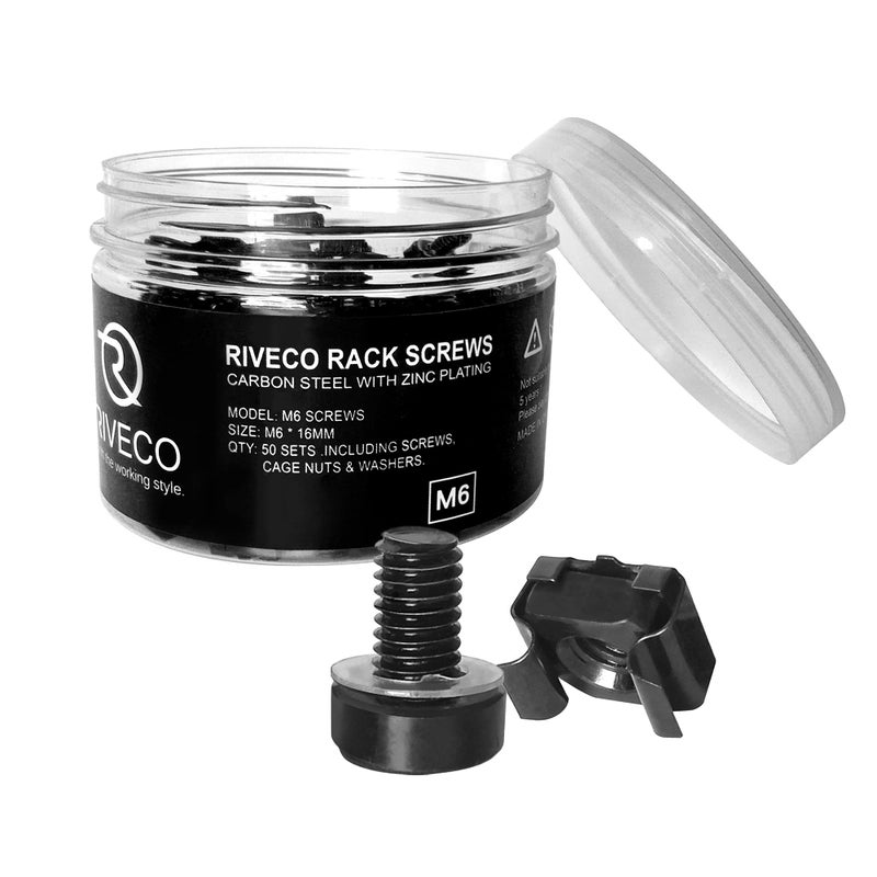 RIVECO Rack Screws & Cage Nuts for Server Cabinets & Racks Mounting Network Equipment Clip Nuts 50 Sets M6 x 16mm Black - Image 1