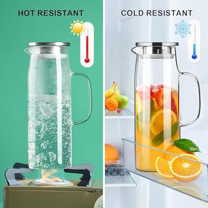 جورونب إبريق زجاجي، إبريق ماء مع غطاء وفوهة، إبريق كبير للمشروبات بمقبض للمشروبات الساخنة والباردة، ماء بارد، شاي مثلج، عصير، 15 لتر، غطاء من الفولاذ المقاوم للصدأ - Image 4