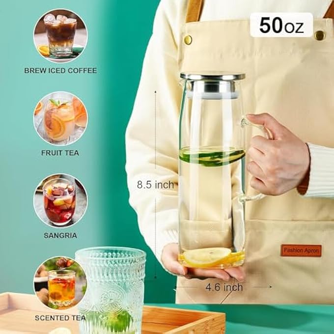 جورونب إبريق زجاجي، إبريق ماء مع غطاء وفوهة، إبريق كبير للمشروبات بمقبض للمشروبات الساخنة والباردة، ماء بارد، شاي مثلج، عصير، 15 لتر، غطاء من الفولاذ المقاوم للصدأ - Image 5