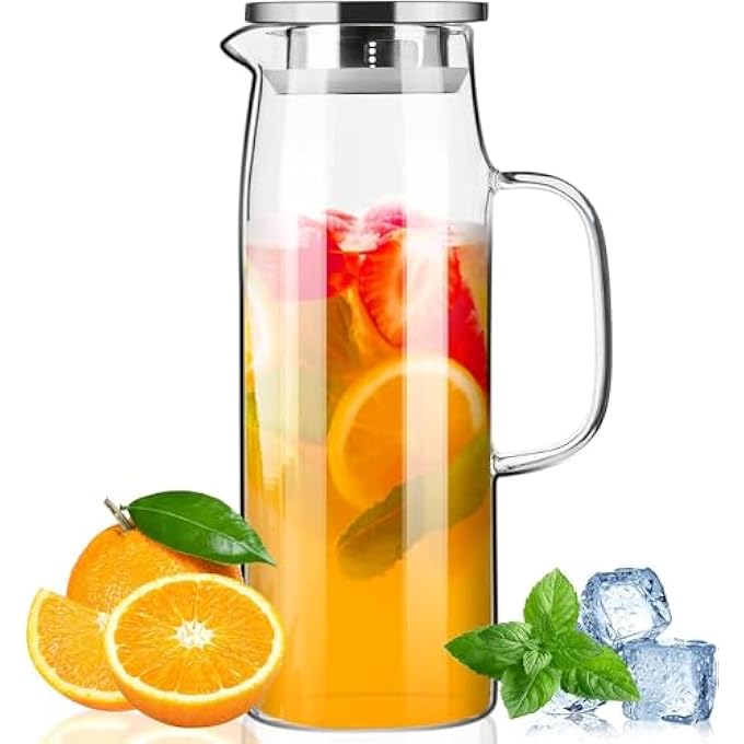 جورونب إبريق زجاجي، إبريق ماء مع غطاء وفوهة، إبريق كبير للمشروبات بمقبض للمشروبات الساخنة والباردة، ماء بارد، شاي مثلج، عصير، 15 لتر، غطاء من الفولاذ المقاوم للصدأ - Image 1