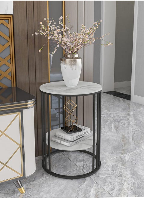 Elegant Round Side Table with Marble-Effect Top and Lower Shelf