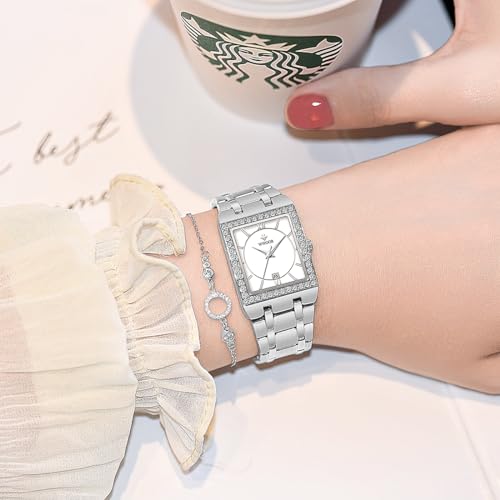 WWOOR ساعات WWOOR الفضية للنساء ساعة كواتز أنيقة للنساء شكل مربع عتيق حركة كواتز يابانية 3ATM مقاومة للماء ساعة فاخرة للنساء - Image 4