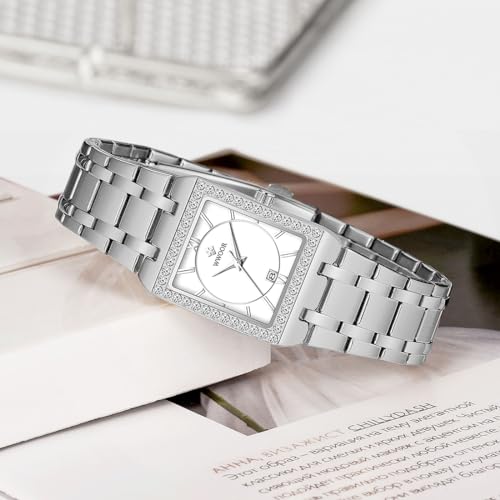 WWOOR ساعات WWOOR الفضية للنساء ساعة كواتز أنيقة للنساء شكل مربع عتيق حركة كواتز يابانية 3ATM مقاومة للماء ساعة فاخرة للنساء - Image 3