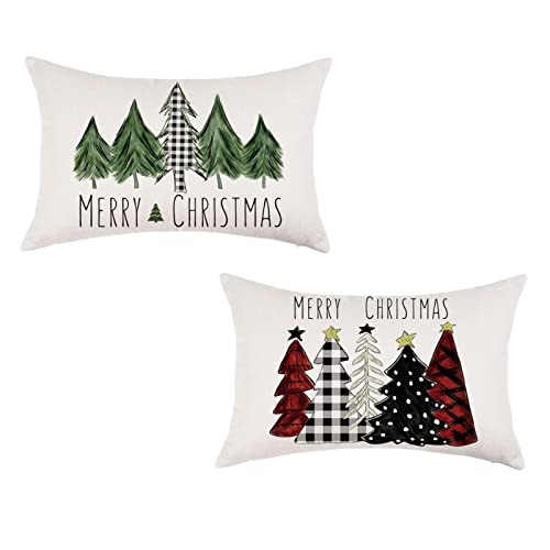 ONWAY Christmas Pillow Covers 12x20 Inch Set of 2 Trees Red Black Green Buffalo Plaid Decorative Lumbar Pillowcases Winter Holiday Cushion Cases for Christmas Decorations