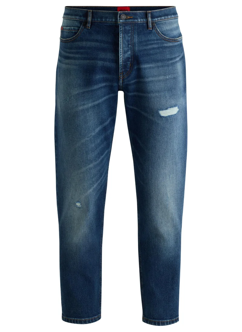هوجو Tapered-fit jeans in dark-blue distressed stretch denim