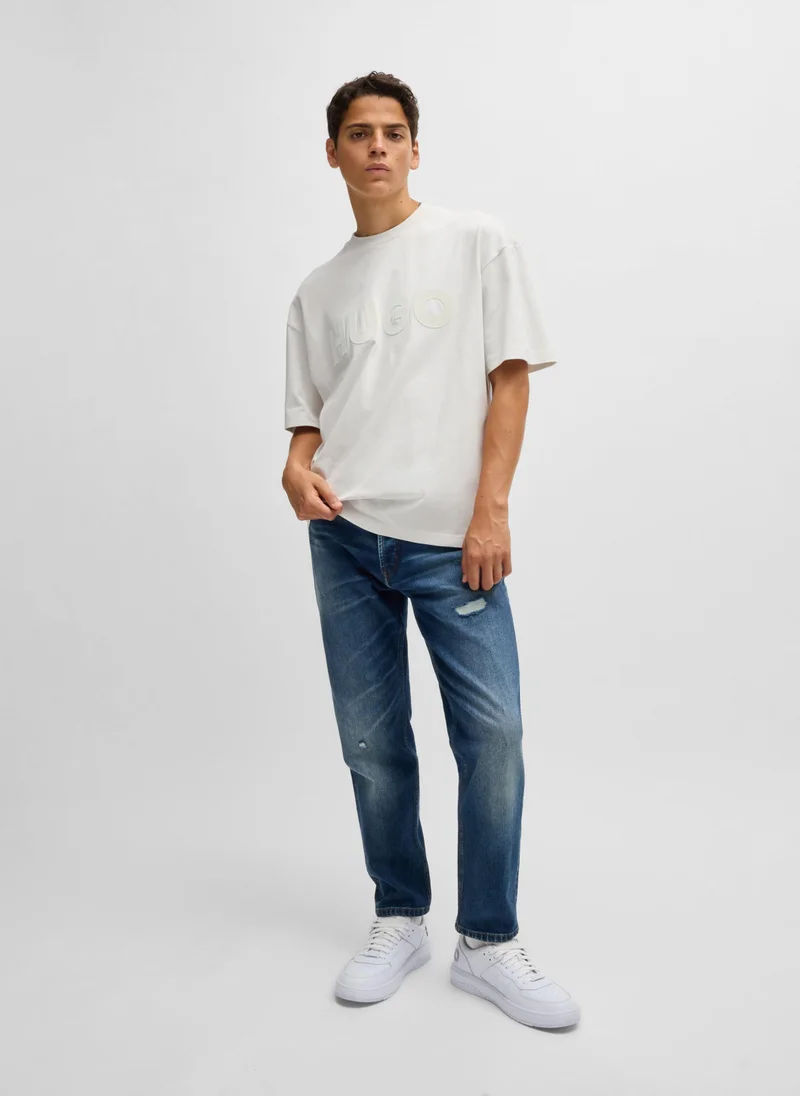 هوجو Tapered-fit jeans in dark-blue distressed stretch denim