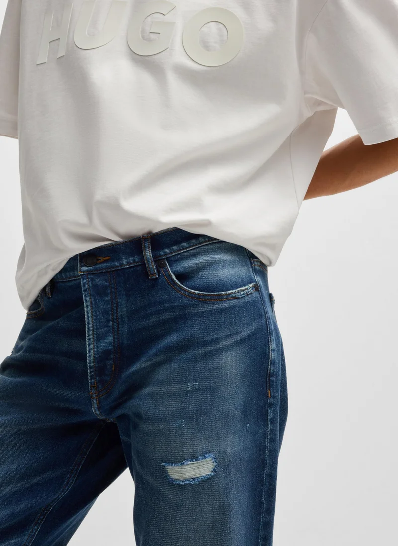 هوجو Tapered-fit jeans in dark-blue distressed stretch denim