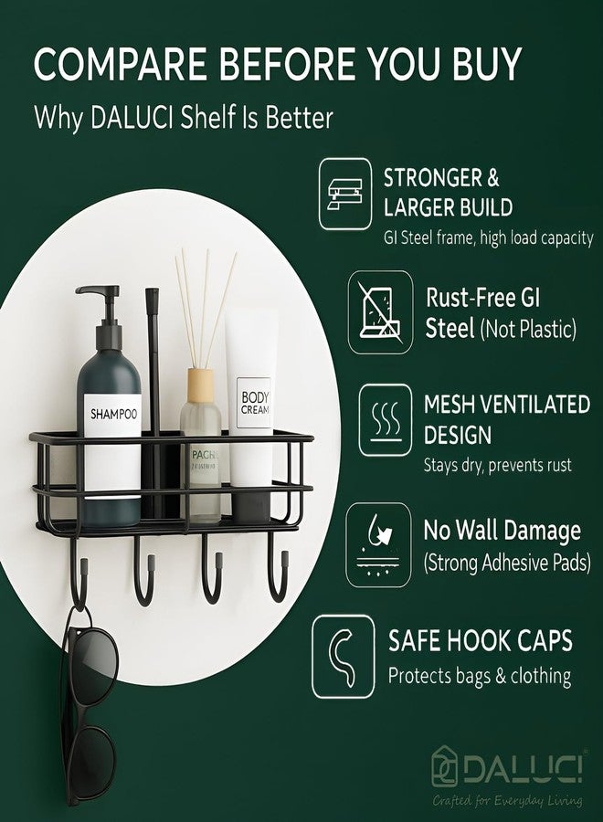 DALUCI Bathroom Organiser Without Drill Self Adhesive Bathroom Shelf for Wall GI Steel Powder Coated Rustproof Bathroom Rack Stand for Shampoo Toiletries Heavy Duty (Black, Pack of 1) - Image 4