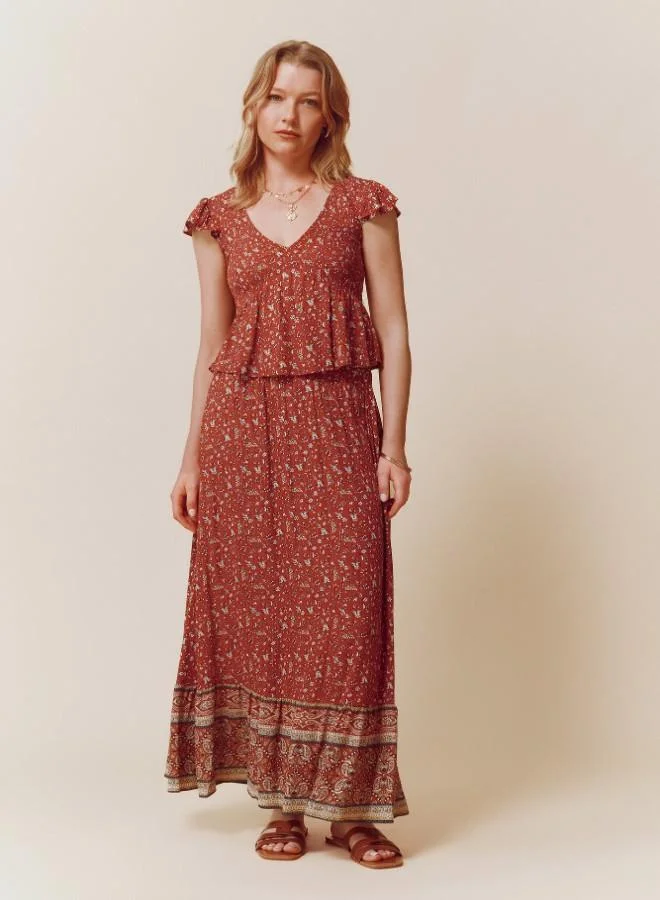 Sustainable viscose midi border print skirt with elasticated waistband and drawstring with tassel detail