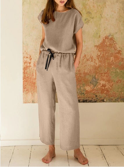 Spot Foreign Trade Womens New Cotton and Linen Round Neck Short-sleeved Shirt Pocket Drawstring Elastic Waist Wide Leg Pants Pants Set Khaki - Image 1