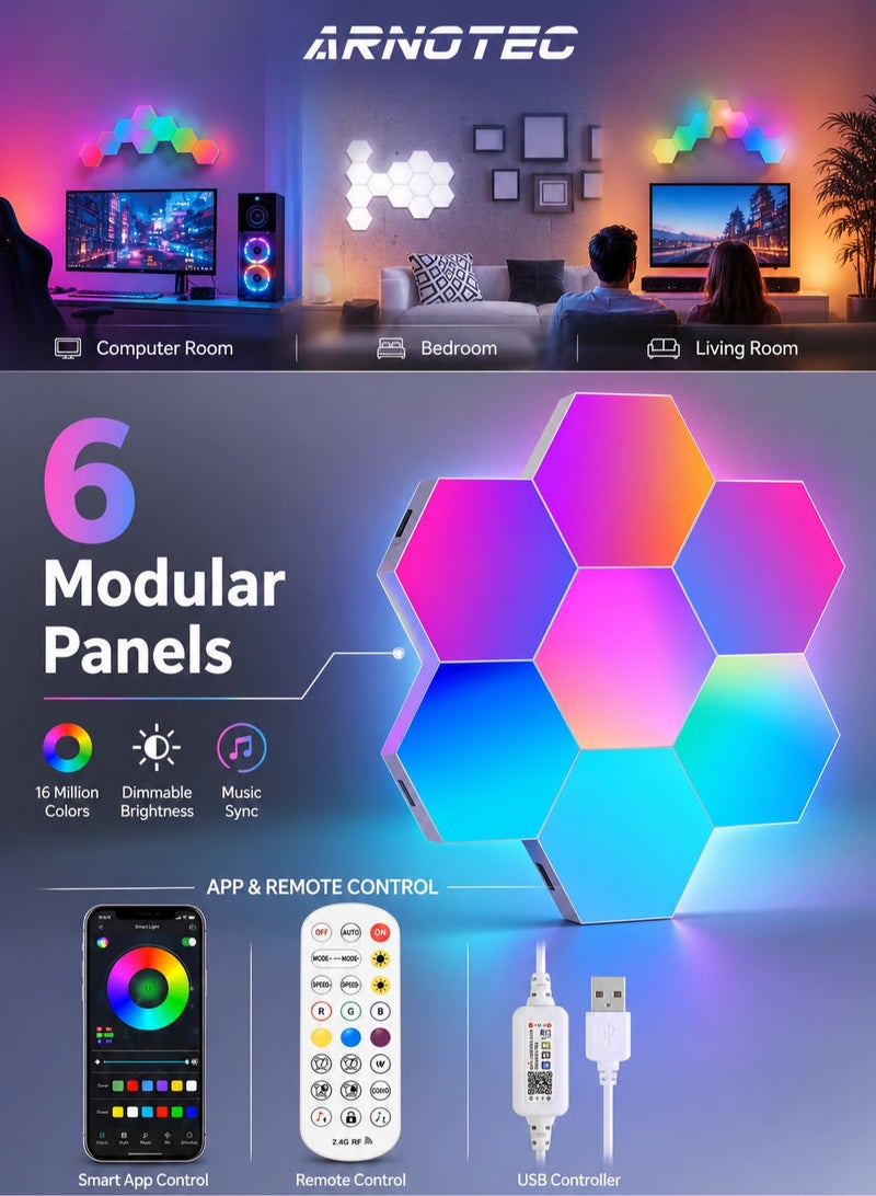 ARNOTEC Hexagon LED Wall Lights 6 Panels, Smart RGB Gaming Lights with Bluetooth App & Remote Control, Music Sync DIY Modular Wall Light, USB Powered for Bedroom Living Room Gaming Room - Image 1