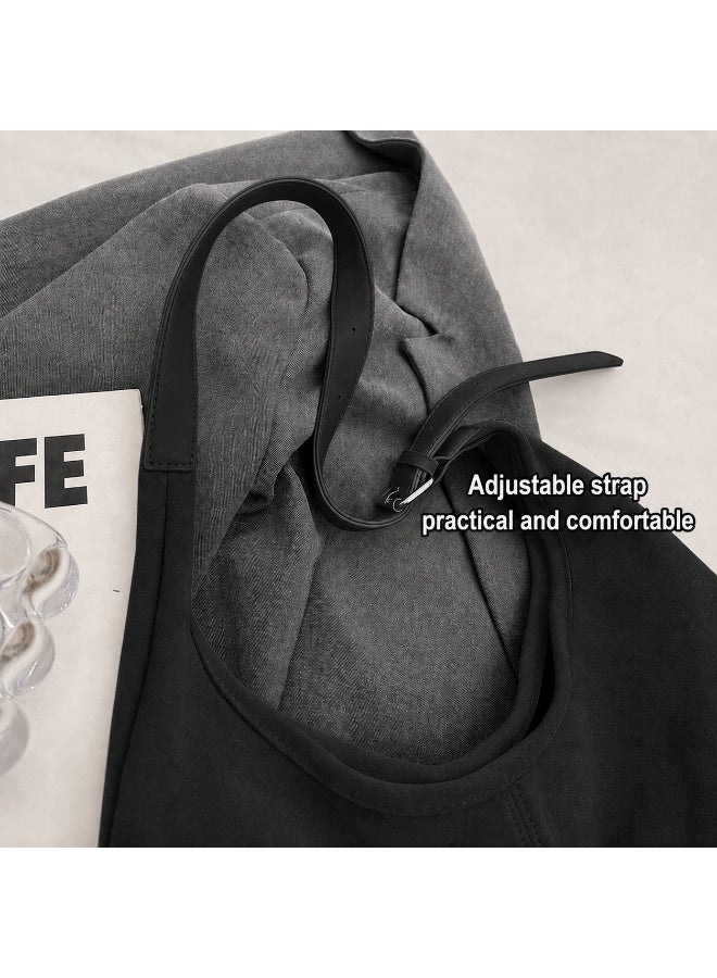 Women's Black Suede Hobo Tote Shoulder Bag with Adjustable Strap, Large Capacity - Image 5