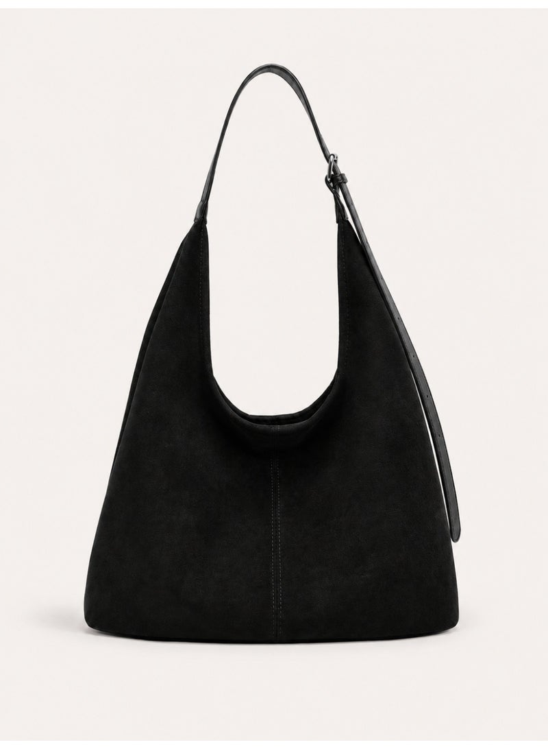 Women's Black Suede Hobo Tote Shoulder Bag with Adjustable Strap, Large Capacity - Image 1