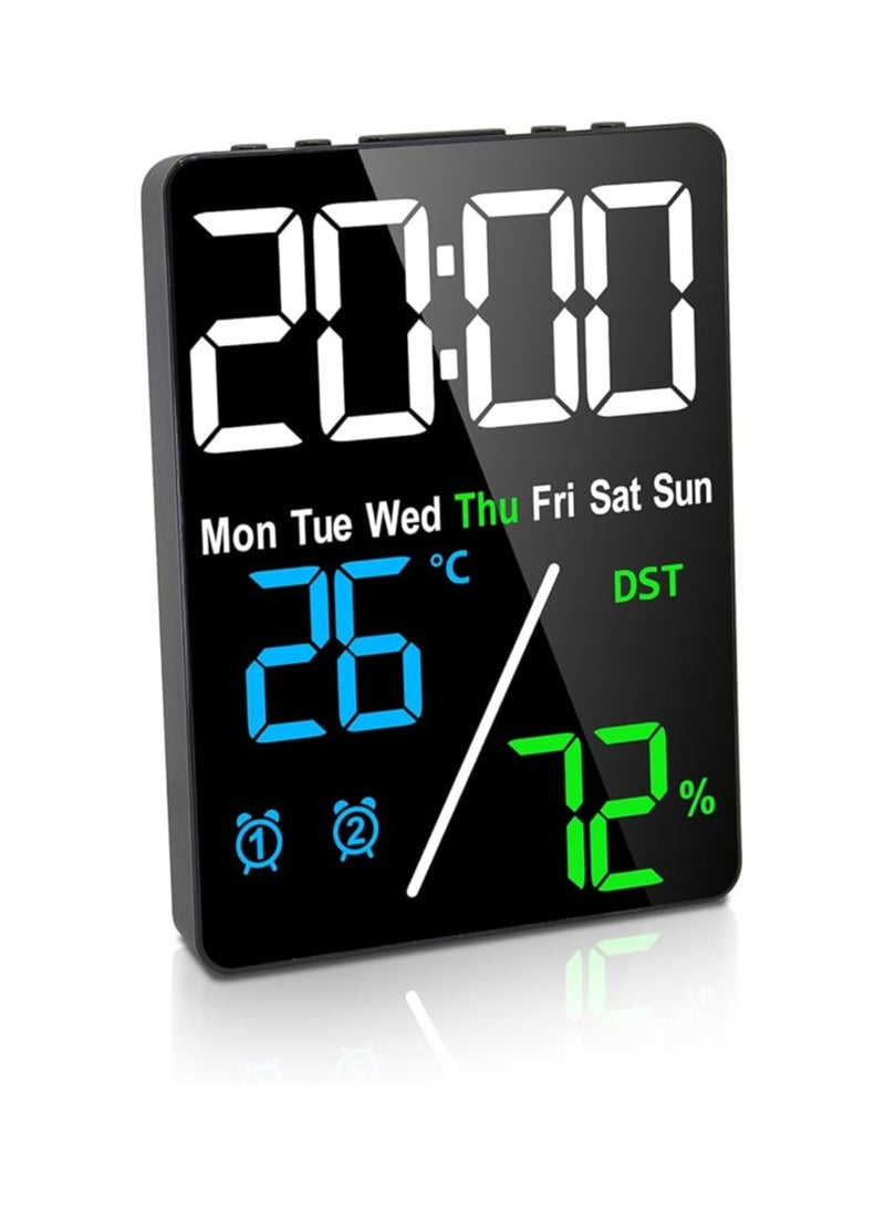 Alarm Clock, Multifunction LED Clock, Thermometer, Hygrometer, Color Conspicuous Display, Digital Clock, Alternating Time and Date Display, Double Alarm, Calendar, Tabletop, Table Clock, 2-Way
