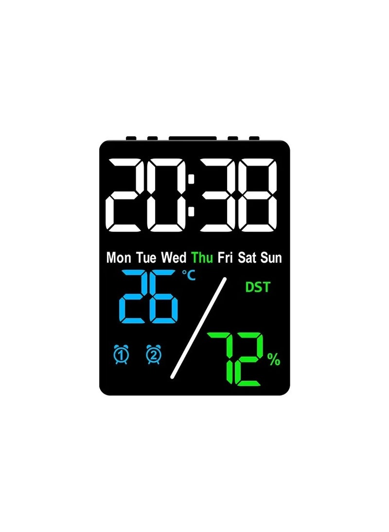 Alarm Clock, Multifunction LED Clock, Thermometer, Hygrometer, Color Conspicuous Display, Digital Clock, Alternating Time and Date Display, Double Alarm, Calendar, Tabletop, Table Clock, 2-Way