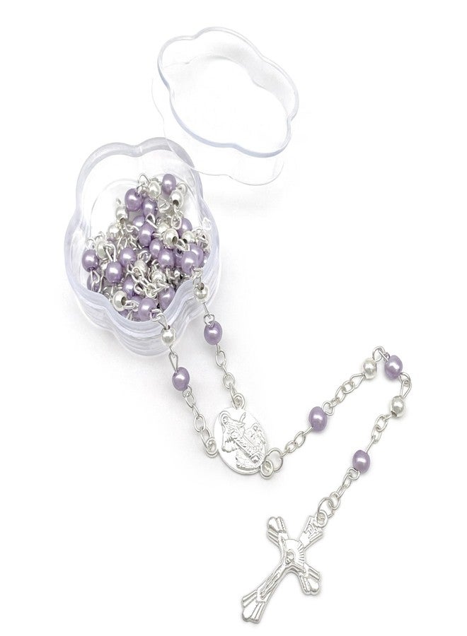 CLGIFT Set of 12 Bulk St Benedict Faux Pear Rosaries for Baptism, Wedding, Rosary Favor Gold Pearl Recuerdos para Primera Comunion Memorial Religious Favor with Box(purple rosary)