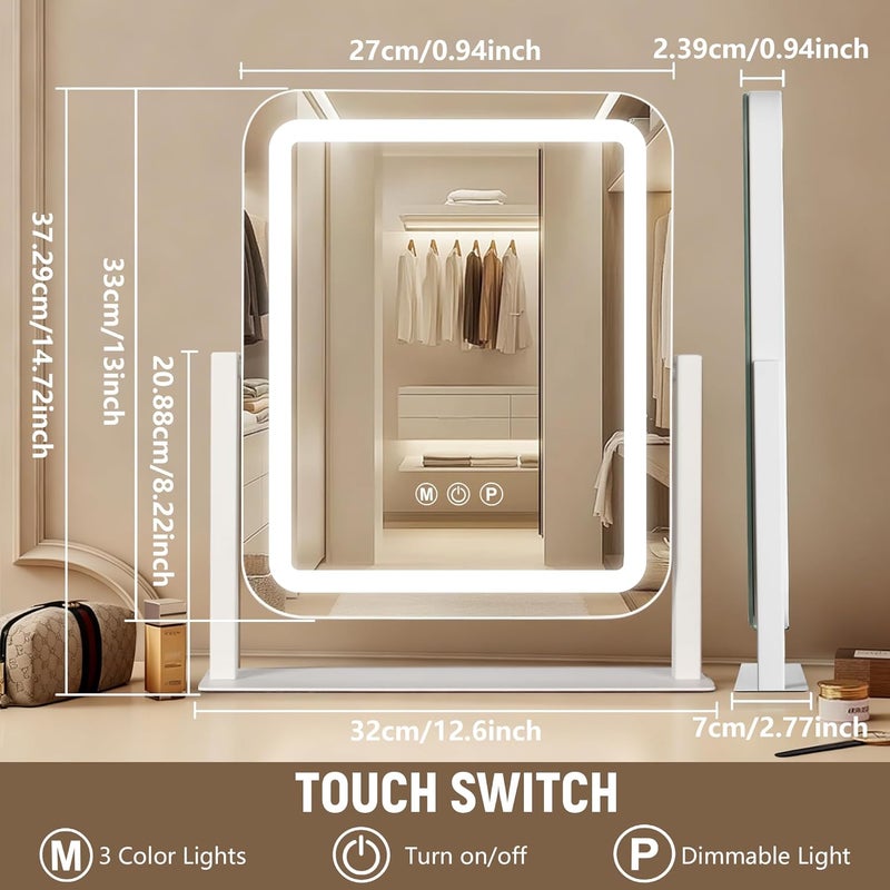 مرآة زينة Ratsamee 13×15 بوصة مع أضواء، مرآة مكياج LED، مرآة مكياج مضيئة مع 3 ألوان قابلة للتعتيم، تحكم ذكي باللمس، تحكم ذكي باللمس، دوران 360 درجة - Image 2