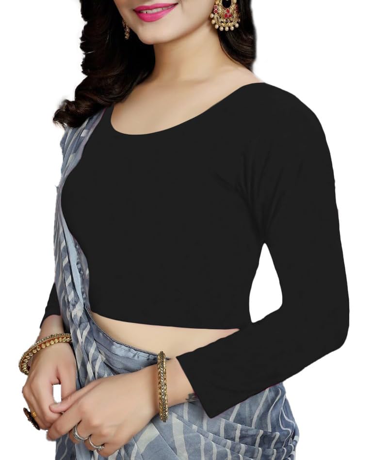 THE BLAZZE Women's Cotton Comfy Stretchable Scoop Neck Full | Long Sleeve Readymade Saree Choli Black Blouses for Women L685 1059 (XS, BLK) - Image 3
