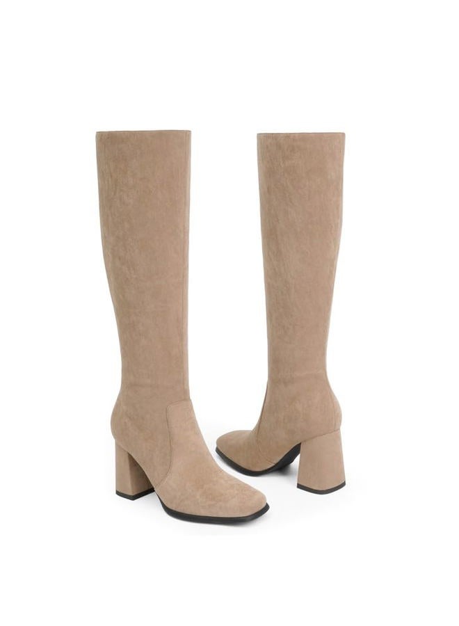 Modatope Knee High Boots Women Chunky Heel Square Toe Tall Boot for Women High Heel Side Zipper Long Boots, C-khakisuede, 7.5 - Image 5