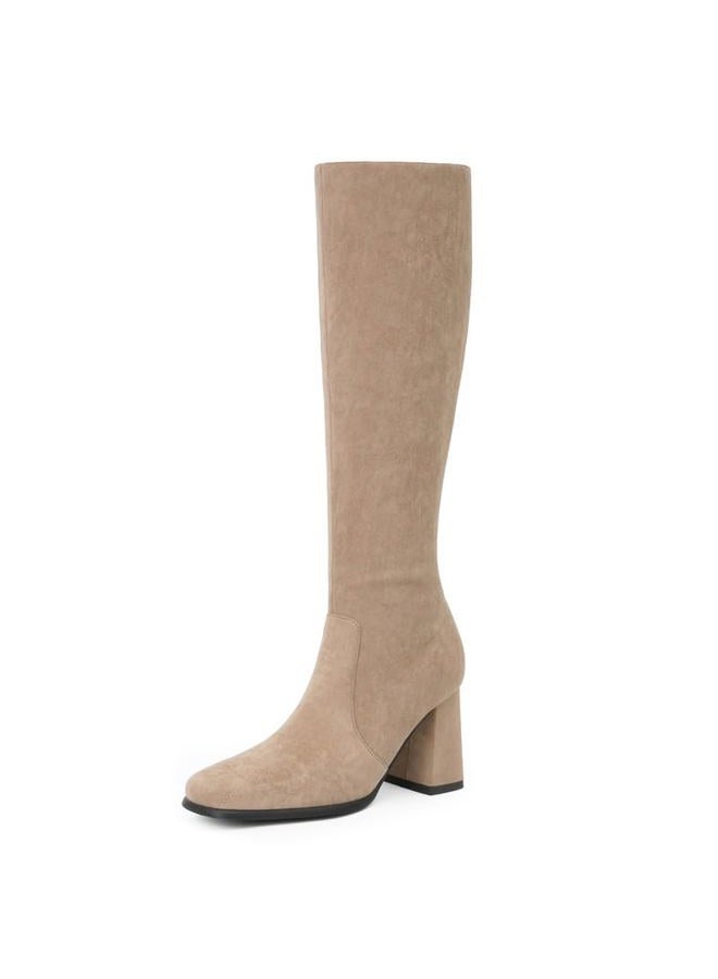 Modatope Knee High Boots Women Chunky Heel Square Toe Tall Boot for Women High Heel Side Zipper Long Boots, C-khakisuede, 7.5 - Image 1