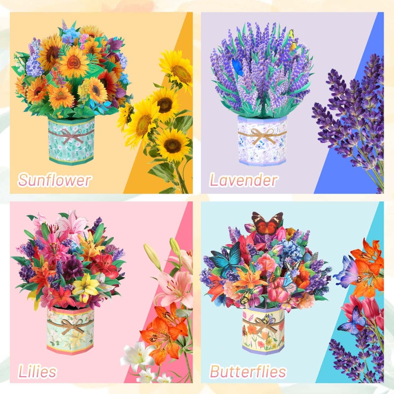 Caffox 4Pack Paper Flower Pop Up Cards, Flower Bouquet Card Popup 3D Greeting Cards for Mother's Day, Graduation, Anniversary, Birthday, Congratulations, Get Well, Home Decor, with Envelope and Note - Image 3
