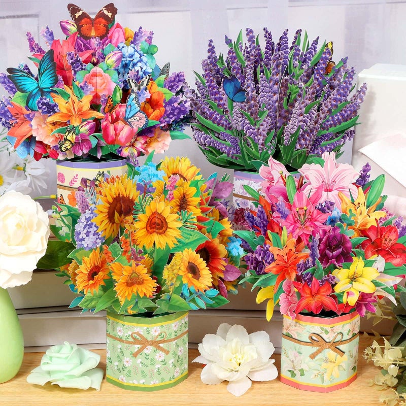 Caffox 4Pack Paper Flower Pop Up Cards, Flower Bouquet Card Popup 3D Greeting Cards for Mother's Day, Graduation, Anniversary, Birthday, Congratulations, Get Well, Home Decor, with Envelope and Note - Image 1