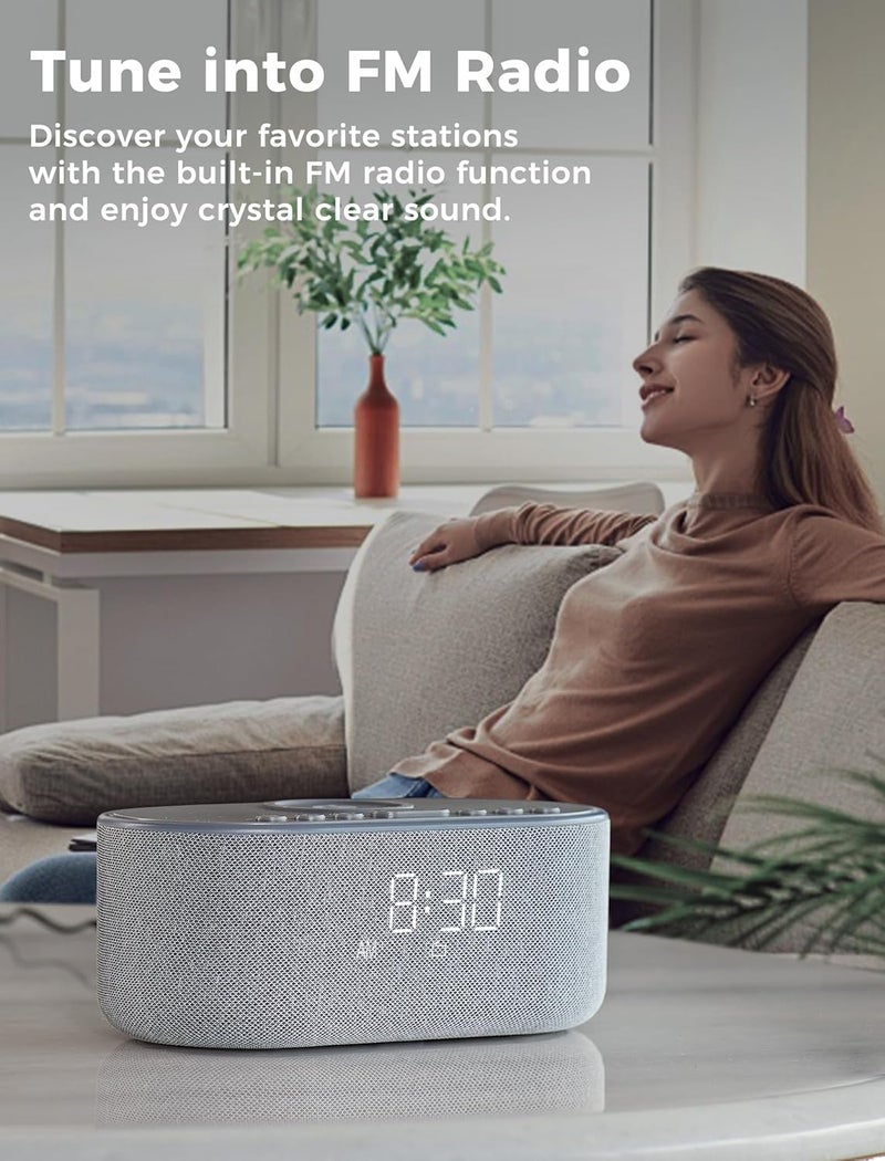 Odokee Wireless Charging Alarm Clock Radio: Qi Certified Fast Wireless Charger for iPhone Samsung - 10W Stereo Bluetooth Speaker - Dimmable Digital Clock with FM Radio for Bedroom Gray - Image 5
