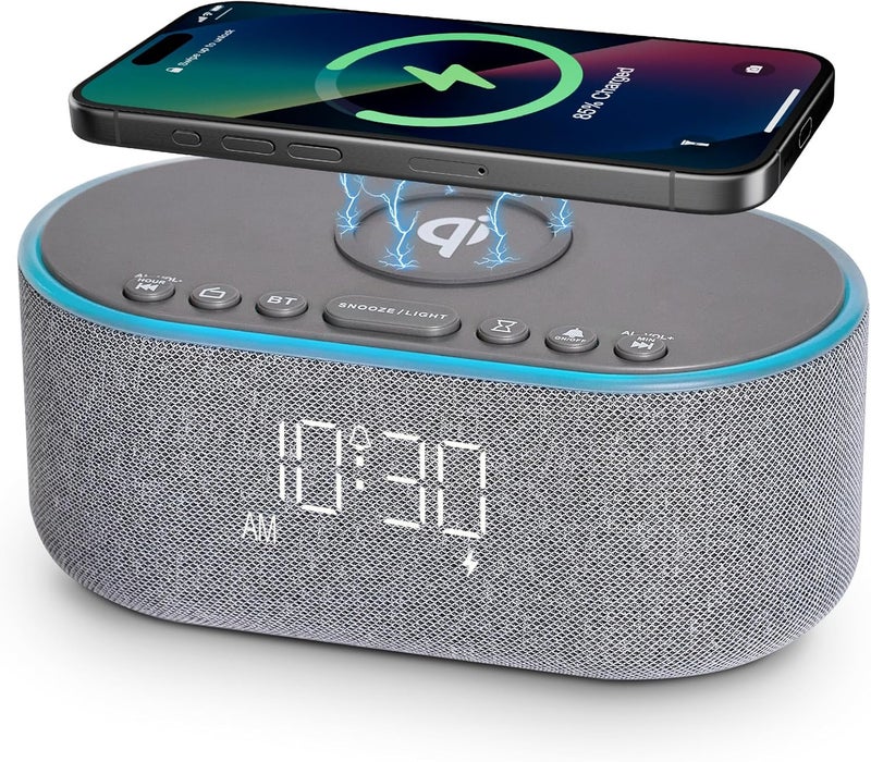 Odokee Wireless Charging Alarm Clock Radio: Qi Certified Fast Wireless Charger for iPhone Samsung - 10W Stereo Bluetooth Speaker - Dimmable Digital Clock with FM Radio for Bedroom Gray - Image 1