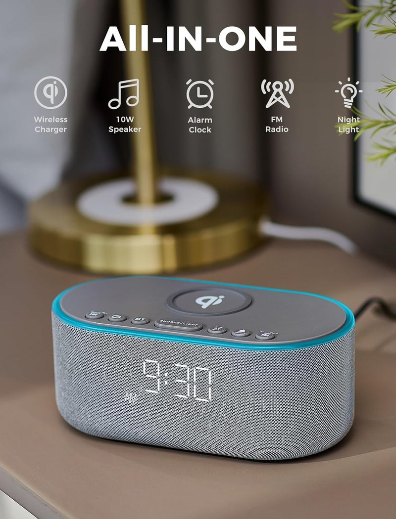 Odokee Wireless Charging Alarm Clock Radio: Qi Certified Fast Wireless Charger for iPhone Samsung - 10W Stereo Bluetooth Speaker - Dimmable Digital Clock with FM Radio for Bedroom Gray - Image 2