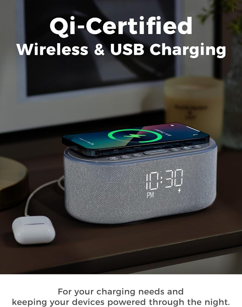 Odokee Wireless Charging Alarm Clock Radio: Qi Certified Fast Wireless Charger for iPhone Samsung - 10W Stereo Bluetooth Speaker - Dimmable Digital Clock with FM Radio for Bedroom Gray - Image 3