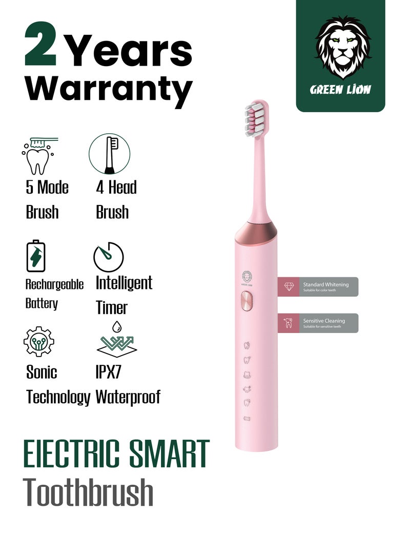 GREEN LION Electric Toothbrush with 5 Modes & 4 Brush Heads, Suitable For Sensitive & Color Teeth, Standard Whitening, Intelligent Timing, Slim Design, IPX7 Waterproof - Pink - Image 1
