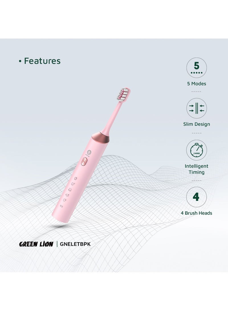 GREEN LION Electric Toothbrush with 5 Modes & 4 Brush Heads, Suitable For Sensitive & Color Teeth, Standard Whitening, Intelligent Timing, Slim Design, IPX7 Waterproof - Pink - Image 3