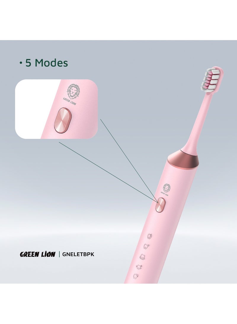 GREEN LION Electric Toothbrush with 5 Modes & 4 Brush Heads, Suitable For Sensitive & Color Teeth, Standard Whitening, Intelligent Timing, Slim Design, IPX7 Waterproof - Pink - Image 4