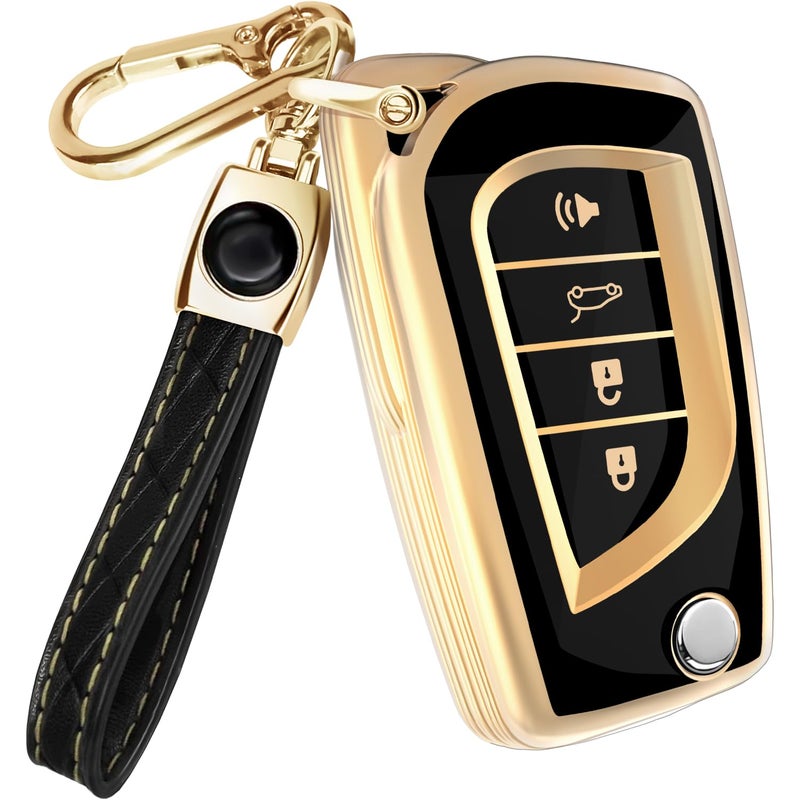 Lucrum Compatible with Toyota Key Fob Cover Leather Keychain Keyfob Case for Avalon Camry Corolla Prius RAV4 Highlander CHR for 4 Button Remote 20182025 Black and Gold - Image 3