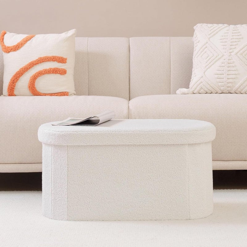 Gogoya Storage Ottoman Bench, Folding 76x38x38cm Foot Rest Stool Large Storage Seat,Linen Fabric Children Long Sofa Stool, Ottoman Bench with Lid Hollow Design for Bedroom, Dorm, Hallway (Round White) - Image 2