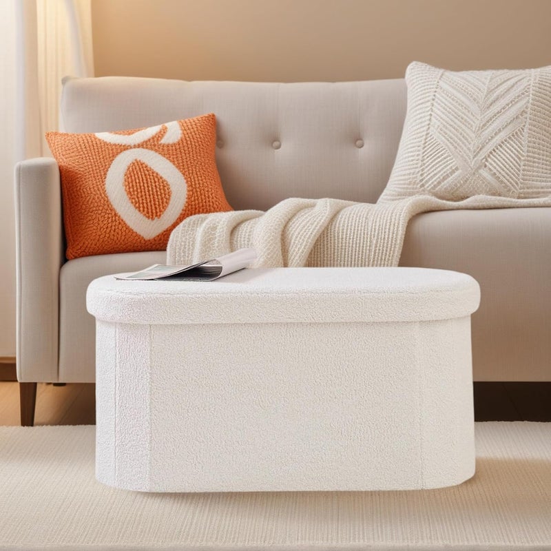 Gogoya Storage Ottoman Bench, Folding 76x38x38cm Foot Rest Stool Large Storage Seat,Linen Fabric Children Long Sofa Stool, Ottoman Bench with Lid Hollow Design for Bedroom, Dorm, Hallway (Round White) - Image 4