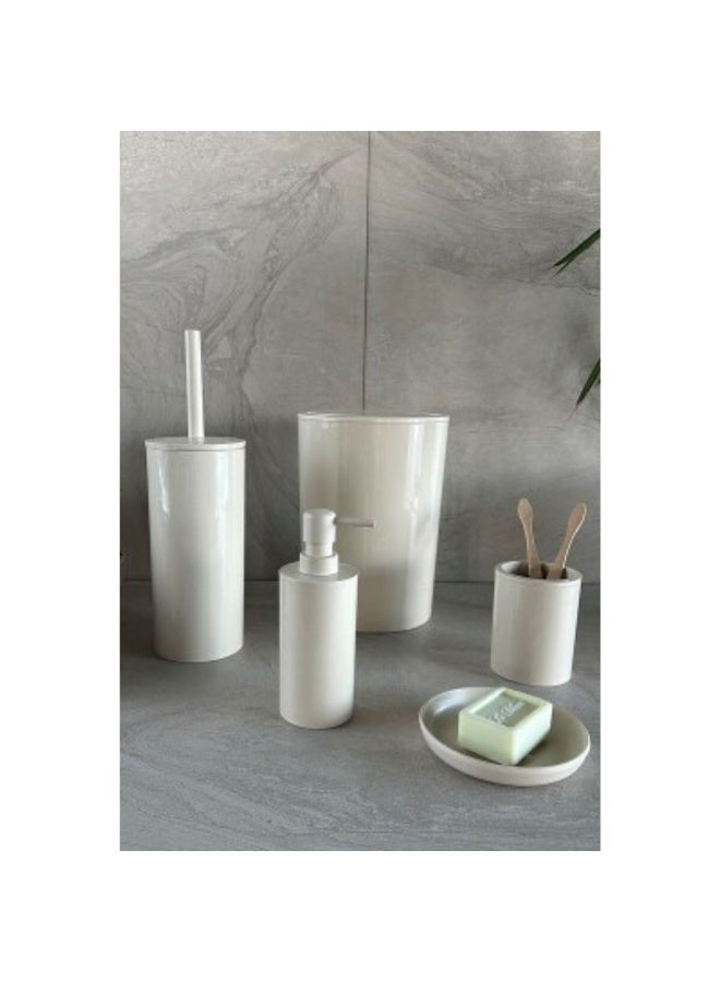 بريمانوفا مجموعة إكسسوارات الحمام البلاستيكية فلوريس المكونة من 5 قطع تتضمن سلة مهملات سعة 6 لتر وفرشاة مرحاض 18 × 18 × 25 سم وموزع صابون 10 × 10 × 23 سم وحامل فرشاة أسنان وطبق صابون بلاستيكي بيج - Image 2