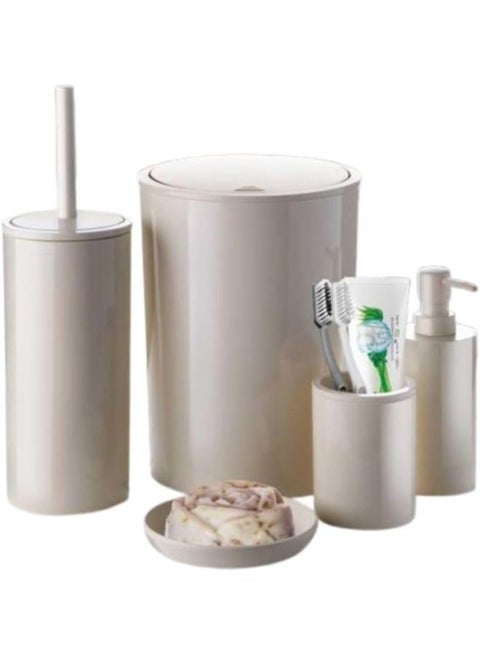 Flores 5 piece plastic bathroom accessories set includes 6L trash can 18x18x25cm toilet brush 10x10x23cm soap dispenser toothbrush holder & soap dish plastic beige