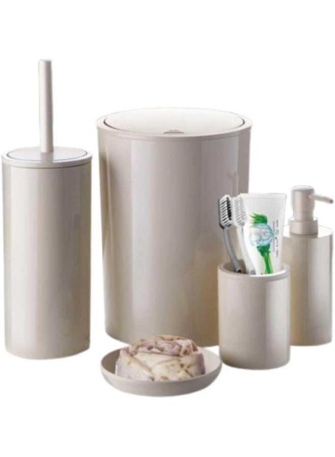 بريمانوفا مجموعة إكسسوارات الحمام البلاستيكية فلوريس المكونة من 5 قطع تتضمن سلة مهملات سعة 6 لتر وفرشاة مرحاض 18 × 18 × 25 سم وموزع صابون 10 × 10 × 23 سم وحامل فرشاة أسنان وطبق صابون بلاستيكي بيج - Image 1