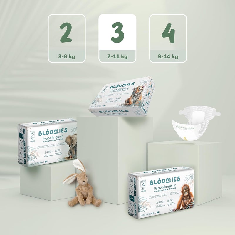 Bloomies Premium Baby Diapers Size 2,3,4, Counts 22,40,66,120, Wetness Indicator Eco-friendly and Hypoallergenic Ultra-soft Nappy Diaper Skin Friendly, Leakage Protection,100% Organic Natural Bamboo - Image 4