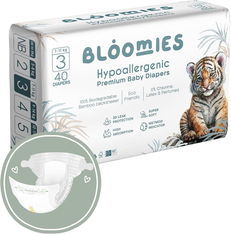 Bloomies Premium Baby Diapers Size 2,3,4, Counts 22,40,66,120, Wetness Indicator Eco-friendly and Hypoallergenic Ultra-soft Nappy Diaper Skin Friendly, Leakage Protection,100% Organic Natural Bamboo - Image 1