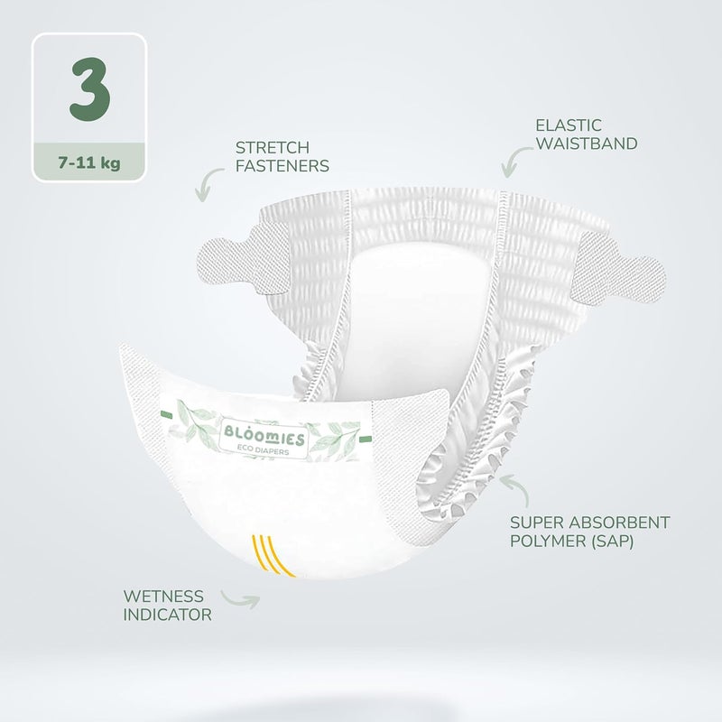 Bloomies Premium Baby Diapers Size 2,3,4, Counts 22,40,66,120, Wetness Indicator Eco-friendly and Hypoallergenic Ultra-soft Nappy Diaper Skin Friendly, Leakage Protection,100% Organic Natural Bamboo - Image 2