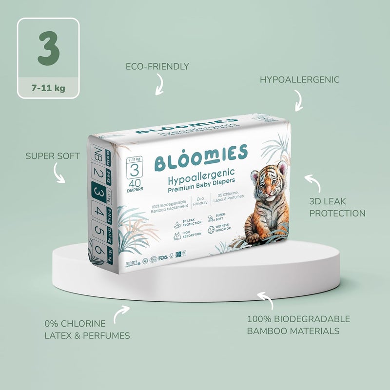 Bloomies Premium Baby Diapers Size 2,3,4, Counts 22,40,66,120, Wetness Indicator Eco-friendly and Hypoallergenic Ultra-soft Nappy Diaper Skin Friendly, Leakage Protection,100% Organic Natural Bamboo - Image 3