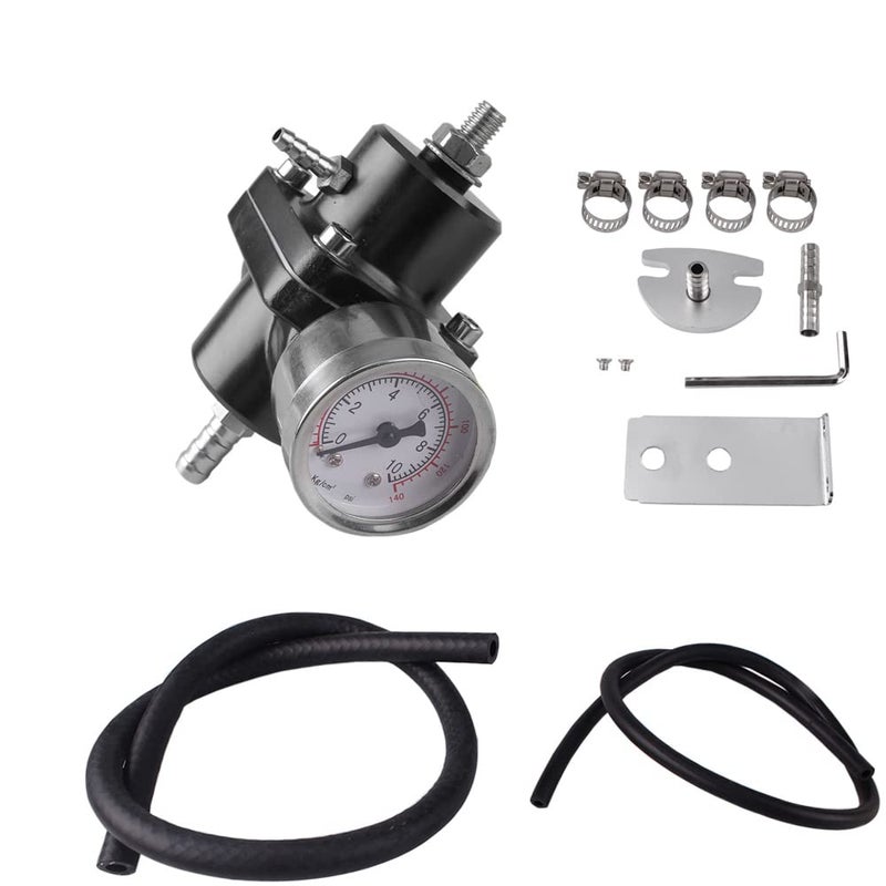 BARTOO Universal Adjustable Fuel Pressure Regulator Kit Aluminum Fuel RegulatorAdjustable Gas Oil Injection Pressure Regulator with 0140 PSI Gauge Black